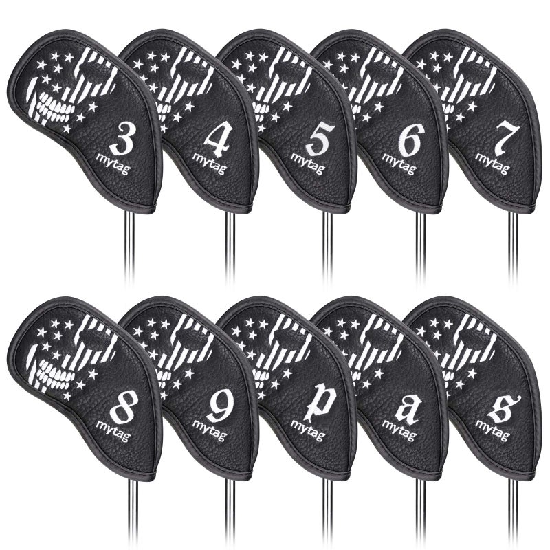 غطاء رأس Caiobob Mytag Golf Iron Head غطاء رأس إسفين مجموعة غطاء رأس من الجلد الصناعي الأسود على شكل جمجمة هيكل عظمي (مجموعة حديد 10 قطع (3 4 5 6 7 8 9 P A S)) - Image 1